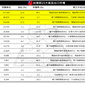 2024台灣前15大貨品出口市場